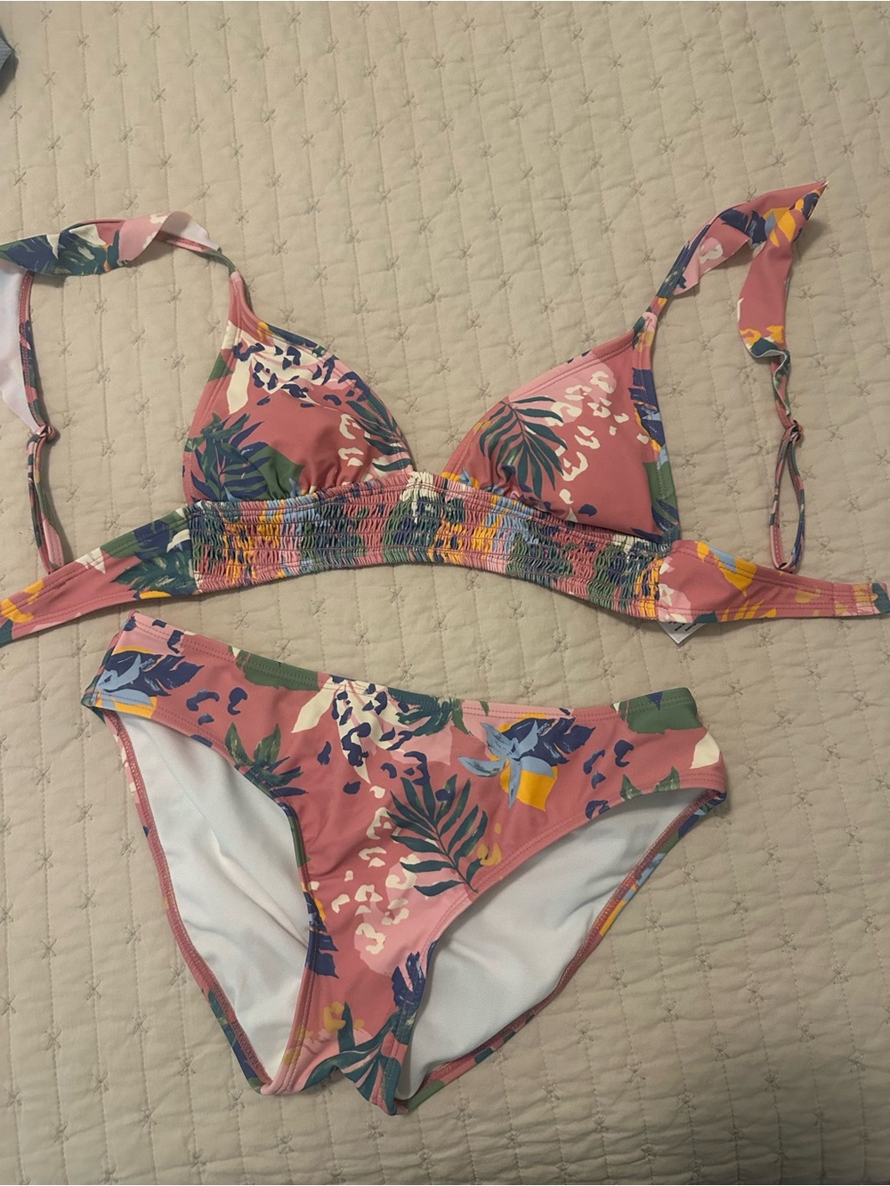 True Craft Multicolor Smocked Bikini Top with Dusty Pink Trim